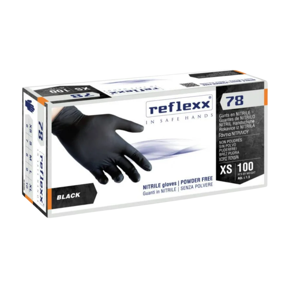 Confezione di guanti in nitrile, colore nero, marca Reflexx