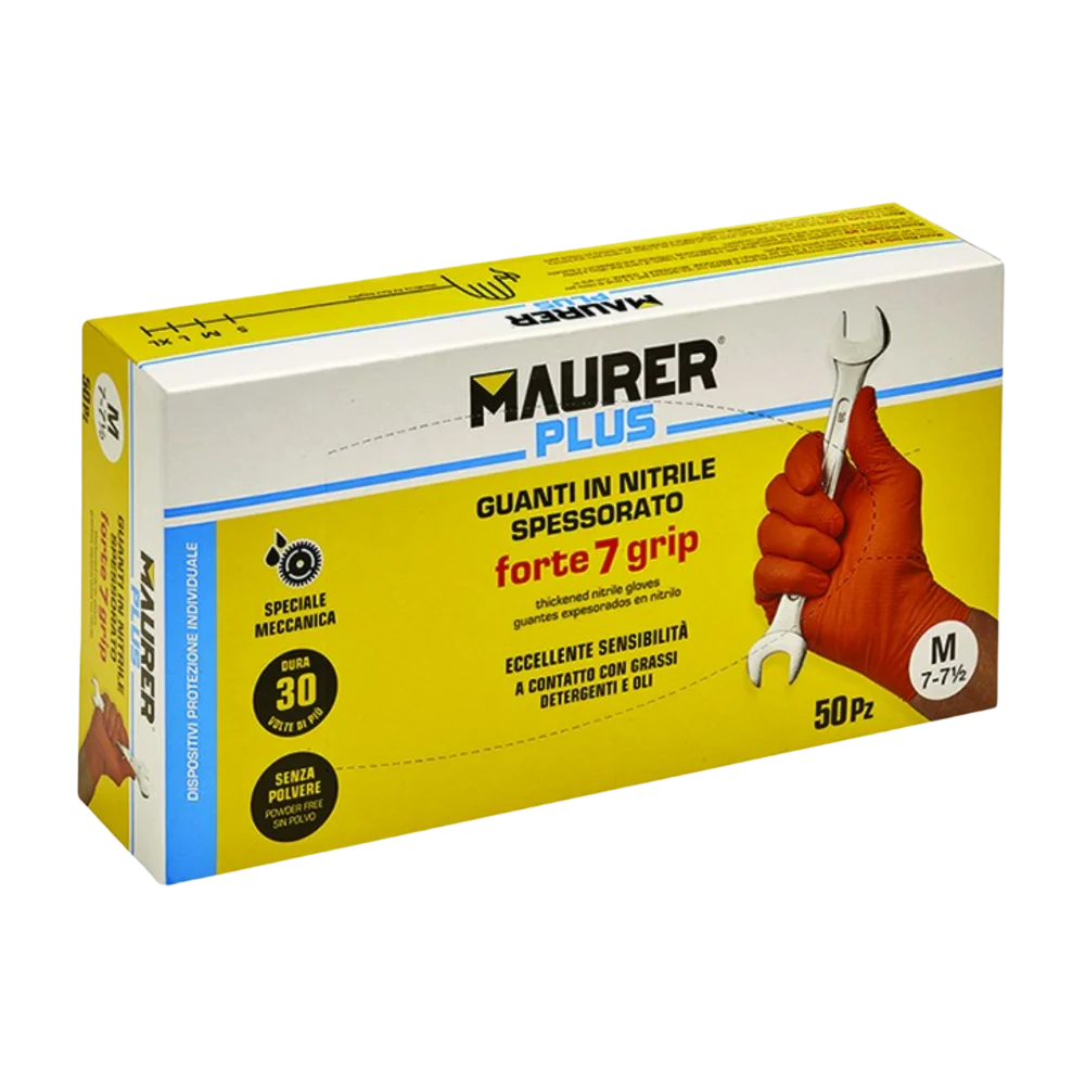Confezione guanti in nitrile spessorato forte, 7 grip, marca Maurer Plus, colore arancione
